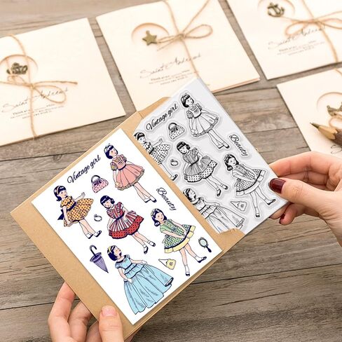 BENECREAT Vintage Girl Clear Stamps Beautiful Girl in Full Dress PVC Silicone Stamps for for DIY Scrapbooking, Photo Album Decorative, Cards Making, 6.3x4.3 inch in Saudi Arabia