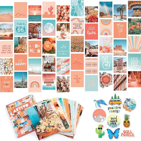 Peach Aesthetic Wall Collage Kit, Room Decor for Teen Girls, Peachy Teal Wall Art Print, Dorm Photo Collection, Boho Posters for Room Aesthetic… (Peach 100 Set) in Kuwait
