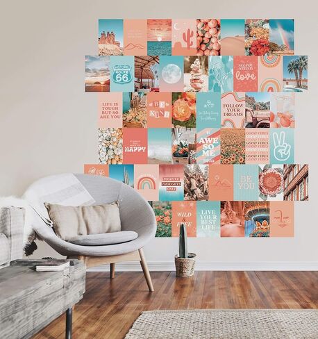Peach Aesthetic Wall Collage Kit, Room Decor for Teen Girls, Peachy Teal Wall Art Print, Dorm Photo Collection, Boho Posters for Room Aesthetic… (Peach 100 Set) in Kuwait