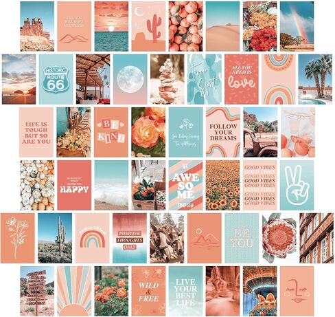 Peach Aesthetic Wall Collage Kit, Room Decor for Teen Girls, Peachy Teal Wall Art Print, Dorm Photo Collection, Boho Posters for Room Aesthetic… (Peach 100 Set) in Kuwait