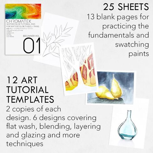Watercolor Tutorial Pad for Chromatek Online Video Tutorial Course | 25 Sheets | Artists Quality 300gsm Paper | 13 Blank Pages and 12 Art Templates in Kuwait