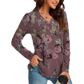 Anyhold Womens Fall Plus Size Long Sleeve Tunic Tops for Leggings V Neck Casual Loose Fit Blouse Shirt
