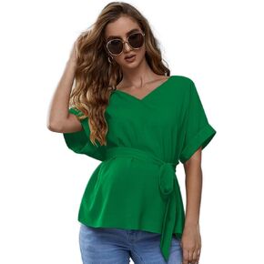 OYOANGLE Women's Maternity Solid Short Sleeve V Neck Belted Waist Blouse Top