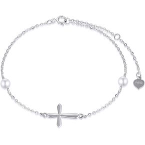 SISGEM 14k Gold Cross Anklets for Women, Real Pearl Religious Ankle Bracelet Gifts for Her, 9.4"+0.8"+0.8" in Saudi Arabia