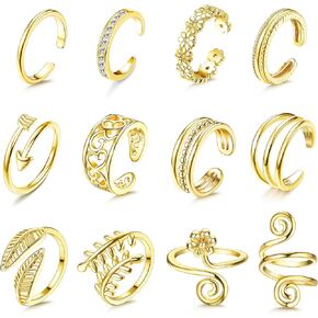 Sanfenly 12PCS Adjustable Toe Rings for Women Gold Silver Black Open Toe Rings Set Flower Arrow Leaf heart CZ Tail Pinky Band Rings Summer Beach Foot Jewelry Set