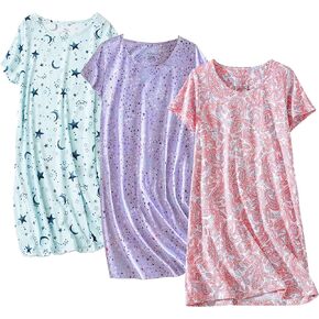 PNAEONG 3 Pack Women's Cotton Nightgown Sleepwear Short Sleeves Shirt Casual Print Sleepdress