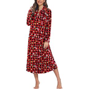 Ekouaer Women Flannel Nightgown Full Length Boyfriend Nightshirt Plaid Long Sleep Dress with Button Loungewear S-XXL