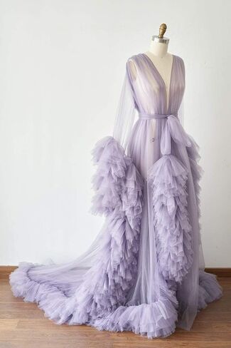 BATHGOWN Sexy Illusion Long Lingerie Tulle Robe Nightgown Bathrobe Sleepwear Bridal Robe Wedding Scarf in Saudi Arabia