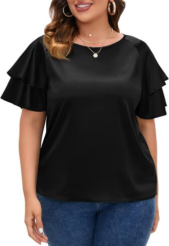 ZOMVA Women's 2023 Plus Size Satin Blouse Short Ruffle Sleeves Silk Top Dressy Shirt Office Elegant in Kuwait