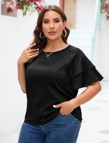 ZOMVA Women's 2023 Plus Size Satin Blouse Short Ruffle Sleeves Silk Top Dressy Shirt Office Elegant in Kuwait