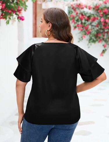 ZOMVA Women's 2023 Plus Size Satin Blouse Short Ruffle Sleeves Silk Top Dressy Shirt Office Elegant in Kuwait