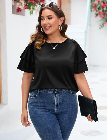 ZOMVA Women's 2023 Plus Size Satin Blouse Short Ruffle Sleeves Silk Top Dressy Shirt Office Elegant in Kuwait