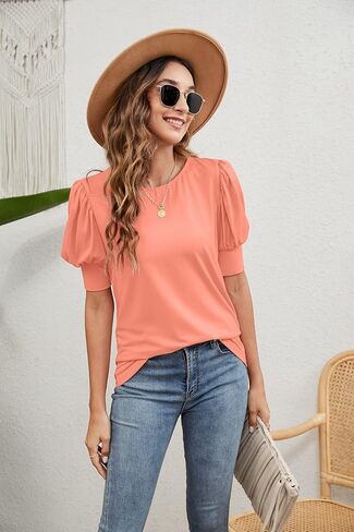 SimpleFun Women's Puff Sleeve Tops Summer Crewneck Dressy Casual Blouses in Saudi Arabia