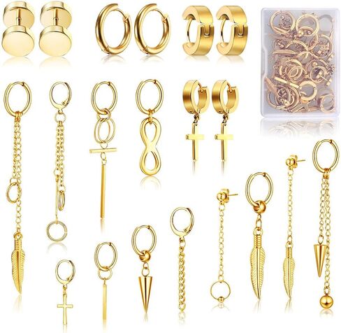 FIFATA Cross Dangle Earrings for Men 20 Pieces, Stainless Steel Stud Hinged Hoop Earrings, Long Chain Kpop Earrings for Women, Black and Silver in Kuwait