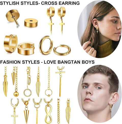 FIFATA Cross Dangle Earrings for Men 20 Pieces, Stainless Steel Stud Hinged Hoop Earrings, Long Chain Kpop Earrings for Women, Black and Silver in Kuwait