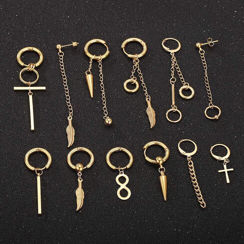 FIFATA Cross Dangle Earrings for Men 20 Pieces, Stainless Steel Stud Hinged Hoop Earrings, Long Chain Kpop Earrings for Women, Black and Silver in Kuwait