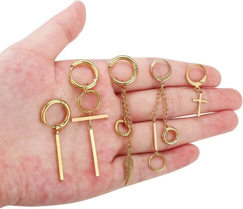 FIFATA Cross Dangle Earrings for Men 20 Pieces, Stainless Steel Stud Hinged Hoop Earrings, Long Chain Kpop Earrings for Women, Black and Silver in Kuwait