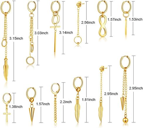FIFATA Cross Dangle Earrings for Men 20 Pieces, Stainless Steel Stud Hinged Hoop Earrings, Long Chain Kpop Earrings for Women, Black and Silver in Kuwait