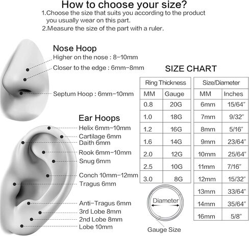ZUOPOEKI 2 قطعة حلقات الأنف الأطواق 316L الفولاذ الجراحي 14G 16G 18G 20G حلقات الحاجز الحلزون محارة هوب الذهب الفضة الأسود هيئة ثقب المجوهرات للنساء الرجال in Kuwait