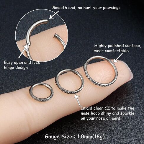Milacolato 1Pcs G23 Titanium Nose Rings Hoops Hypoallergenic Conch Piercing Jewelry 16G 18G 20G Hinged Segment CZ Paved Clicker Rings for Septum Cartilage Daith Helix Rook Tragus Ear Lobe Earrings for Women Men 6mm/8mm/10mm in Kuwait