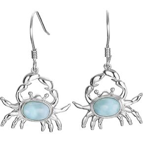 925 Sterling Silver Natural Larimar Crab Dangle Hook Earrings, Horoscope Zodiac, Nickel Free Hypoallergenic for Sensitive Skin, Gift Box Included