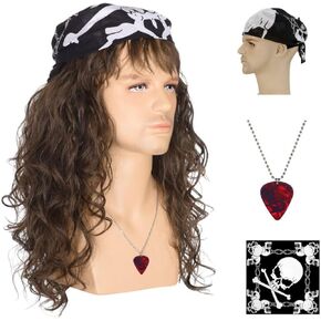 شعر مستعار Deifor Eddie Munson للرجال من الثمانينيات من نوع Punk Rocker Disco Mullet مع قلادة وباندانا شعر طويل مجعد ذو مظهر طبيعي للهالوين Stranger Things Heavy Metal Cosplay (بني داكن) in Kuwait