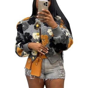 OPCAKM Women's Cropped Floral Print Shacket Jackets Round Neck Long Sleeve Bomber Coat Outerwears