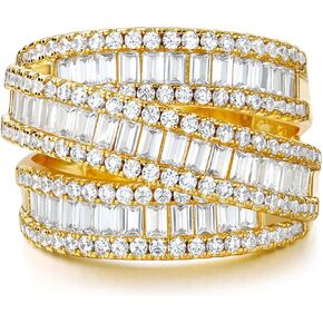 OPOMOMO Eternity Ring Wedding Bands,18K Gold Plated 3 Rows Emerald Cut Lab Diamond Band Rings for Women Men