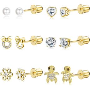 CASSIECA 20G Hypoallergenic Screwback Earrings for Girls Women Stainless Steel CZ Heart Flower Turtle Stud Earrings Jewelry Gift