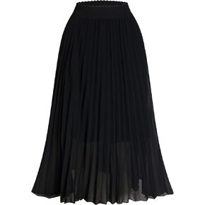 TEERFU Womens Chiffon High Waist Skirt Pleated A-Line Swing Elastic Shirring Midi Length