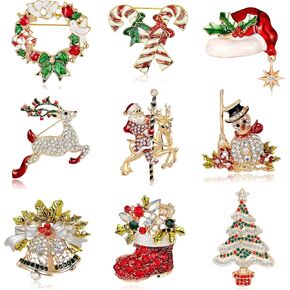 مجموعة دبابيس بروش عيد الميلاد 9/10 قطع من Fesciory للنساء، هدايا مجوهرات عيد الميلاد الكريستالية متعددة الألوان من حجر الراين للفتيات بما في ذلك شجرة عيد الميلاد، سانتا كلوز، أجراس جلجل، الرنة in Kuwait