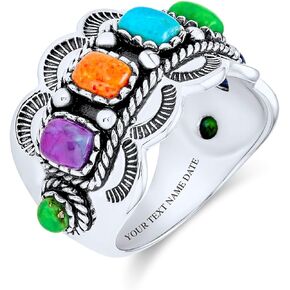 Personalize Southwest Boho Western Style 5 Rectangle Multi Color Genuine Gemstones Bezel Set Purple Blue Green Orange Statement Wide Band Ring For Women Oxidized .925 Sterling Silver Customizable