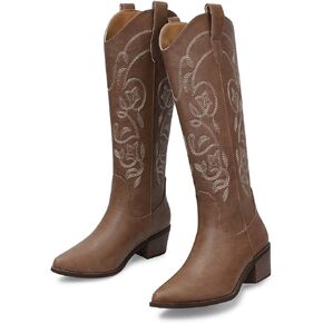 SHIBEVER Cowboy Cowgirl Boots for Women: Women's Knee-High Boots Wide Calf Tall Chunky Heel Embroidered Western Botas