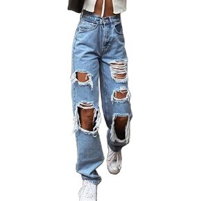 Mxiqqpltky Women Ripped Boyfriend Jeans High Waist Baggy Plus Size Aesthetics Wide Leg Denim Pants Distressed Y2K Streetwear in Kuwait