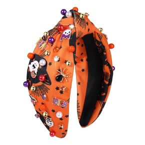 Halloween Headband Purple Spooky Beaded Knotted Headband for Women Pearl Rhinestone Pumpkin Spider Bat Skeleton Ghost Charm Wide Knot Headpiece Cat Star Print Hairband Halloween Party Costume Jewelry Accessories Gift in Kuwait