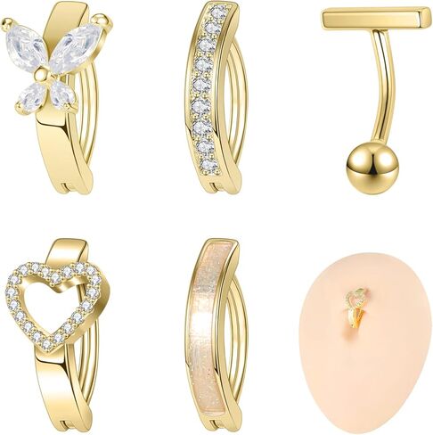 ZS 14G Gold Clicker Belly Button Rings for Women, Stainless Steel Belly Barbell Piercing CZ Reverse Curved Navel Barbell Body Jewelry in Kuwait