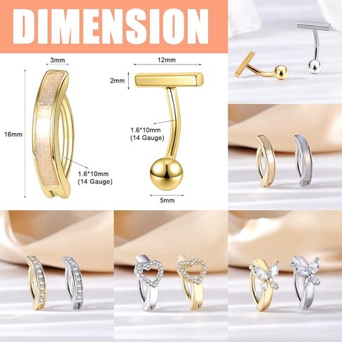 ZS 14G Gold Clicker Belly Button Rings for Women, Stainless Steel Belly Barbell Piercing CZ Reverse Curved Navel Barbell Body Jewelry in Kuwait