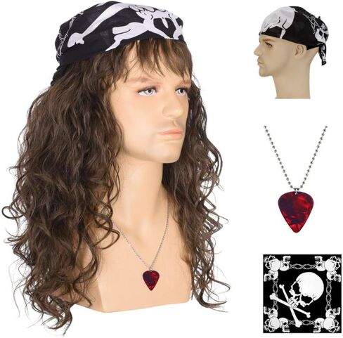شعر مستعار Deifor Eddie Munson للرجال من الثمانينيات من نوع Punk Rocker Disco Mullet مع قلادة وباندانا شعر طويل مجعد ذو مظهر طبيعي للهالوين Stranger Things Heavy Metal Cosplay (بني داكن) in Kuwait