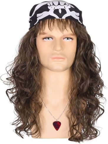 شعر مستعار Deifor Eddie Munson للرجال من الثمانينيات من نوع Punk Rocker Disco Mullet مع قلادة وباندانا شعر طويل مجعد ذو مظهر طبيعي للهالوين Stranger Things Heavy Metal Cosplay (بني داكن) in Kuwait