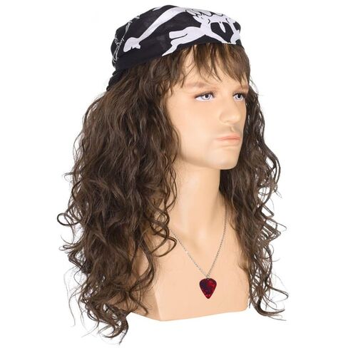 شعر مستعار Deifor Eddie Munson للرجال من الثمانينيات من نوع Punk Rocker Disco Mullet مع قلادة وباندانا شعر طويل مجعد ذو مظهر طبيعي للهالوين Stranger Things Heavy Metal Cosplay (بني داكن) in Kuwait