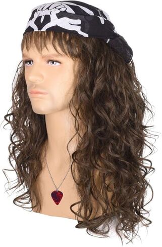 شعر مستعار Deifor Eddie Munson للرجال من الثمانينيات من نوع Punk Rocker Disco Mullet مع قلادة وباندانا شعر طويل مجعد ذو مظهر طبيعي للهالوين Stranger Things Heavy Metal Cosplay (بني داكن) in Kuwait