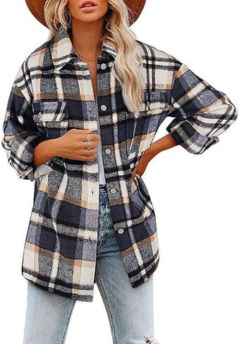 happlan Long Sleeve Casual Plaid Shacket Jackets Shirts Lapel Tweed Pea Coat For Women in Kuwait