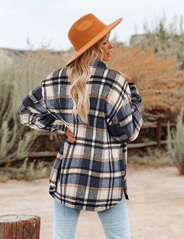 happlan Long Sleeve Casual Plaid Shacket Jackets Shirts Lapel Tweed Pea Coat For Women in Kuwait