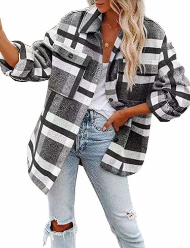 happlan Long Sleeve Casual Plaid Shacket Jackets Shirts Lapel Tweed Pea Coat For Women in Kuwait