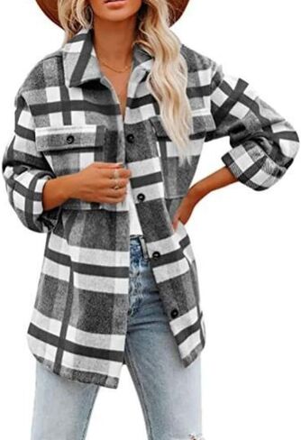 happlan Long Sleeve Casual Plaid Shacket Jackets Shirts Lapel Tweed Pea Coat For Women in Kuwait