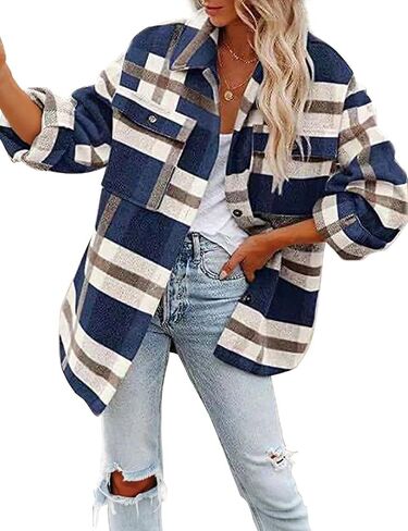 happlan Long Sleeve Casual Plaid Shacket Jackets Shirts Lapel Tweed Pea Coat For Women in Kuwait