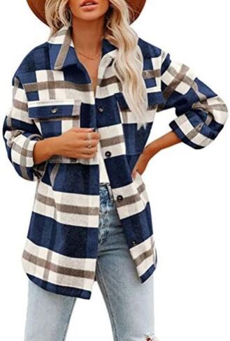 happlan Long Sleeve Casual Plaid Shacket Jackets Shirts Lapel Tweed Pea Coat For Women in Kuwait