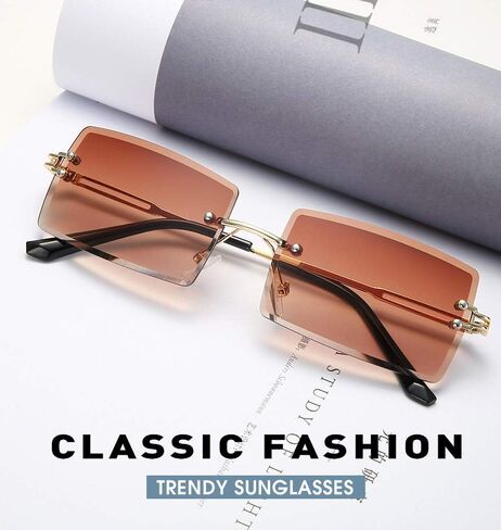 Dollger Rimless Rectangle Sunglasses for Women Fashion Frameless Square Glasses for Men Ultralight UV400 Eyewear Unisex in Kuwait