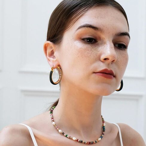 IBARA Vintage Turquoise Hoop Earrings for Women Girls Natural Stone Earrings 18k Gold Plated Medium Hoop Earrings Bohemia Beads Gemstone Earrings Summer Beach Travel Hawaiian Dress Handmade Jewelry in Kuwait