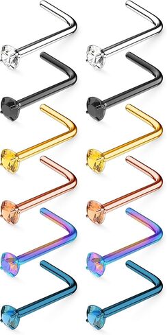 BELATTI 12 قطعة من حلقات الأنف للنساء والرجال تشيكوسلوفاكيا مكعب زركونيا كريستال - مسامير أنف من البلاستيك الشفاف والفولاذ على شكل حرف L للعمل - مجموعة حلقات الأنف من الفولاذ الشفاف والجراحي المضاد للحساسية - مجوهرات ثقب الأنف البلاستيكية (اختر المقياس -  in Kuwait